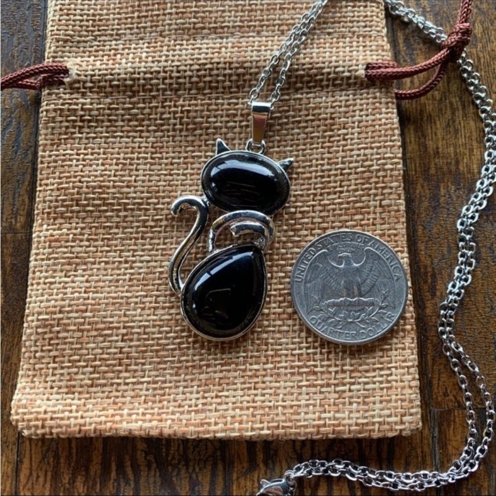 Black Obsidian Cat Necklace Cat Necklace Obsidian Necklace - Picture 2 of 2